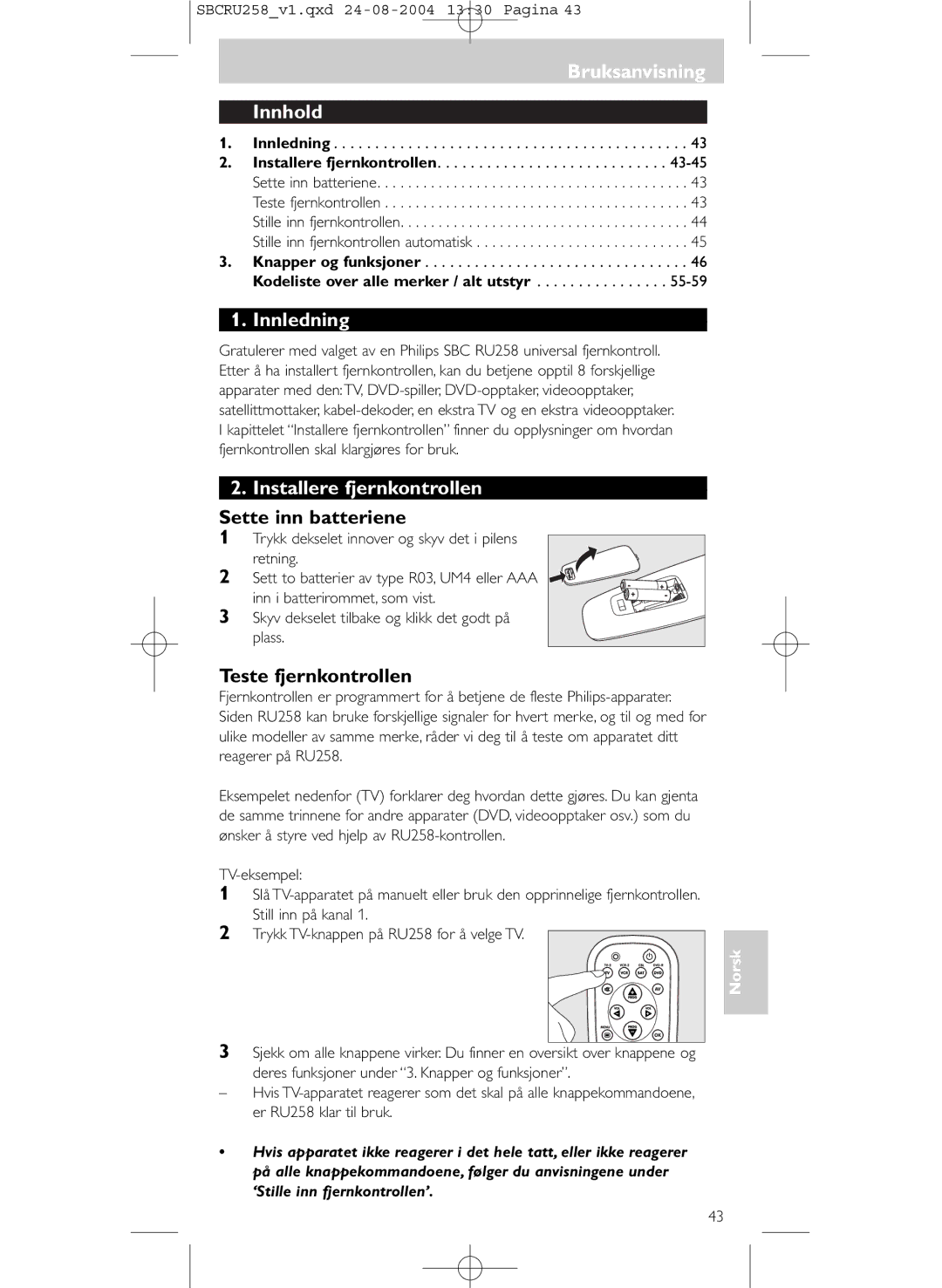 Philips SBCRU258 manual Bruksanvisning Innhold, Innledning, Installere fjernkontrollen, Sette inn batteriene 