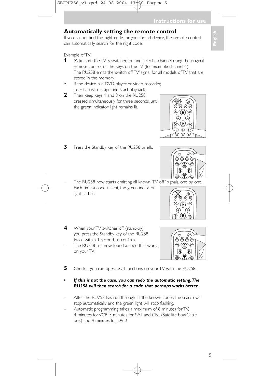 Philips SBCRU258 manual Automatically setting the remote control, Then keep keys 1 and 3 on the RU258 