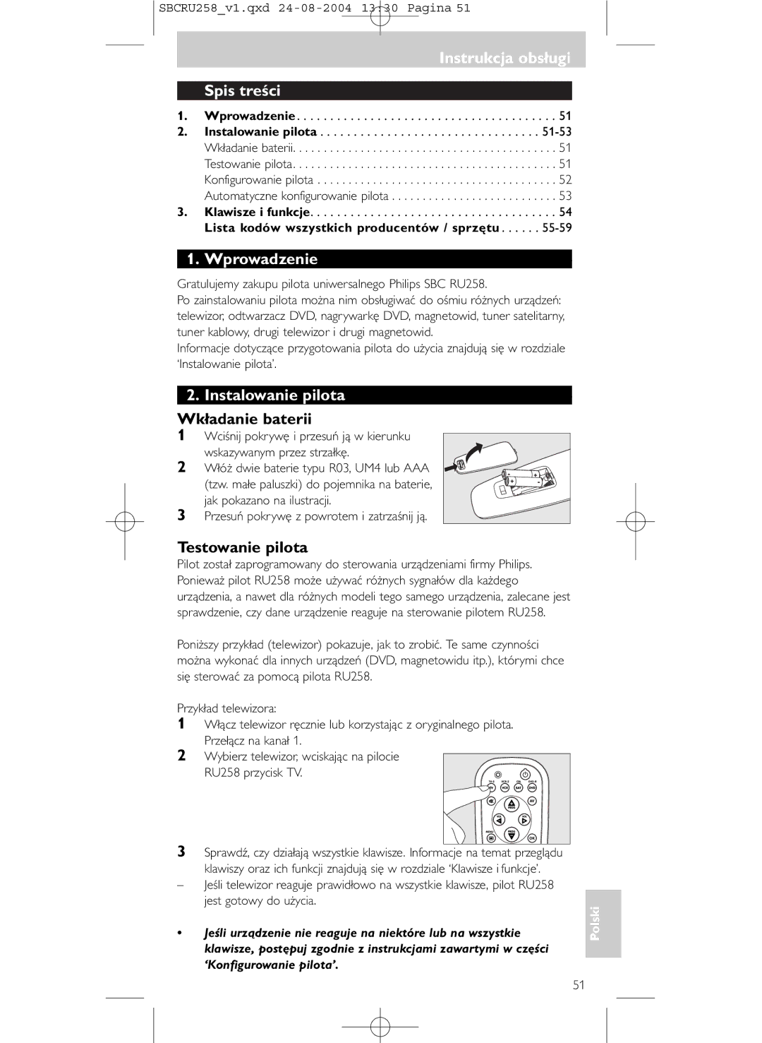 Philips SBCRU258 Instrukcja obsługi Spis treści, Wprowadzenie, Instalowanie pilota, Wkładanie baterii, Testowanie pilota 