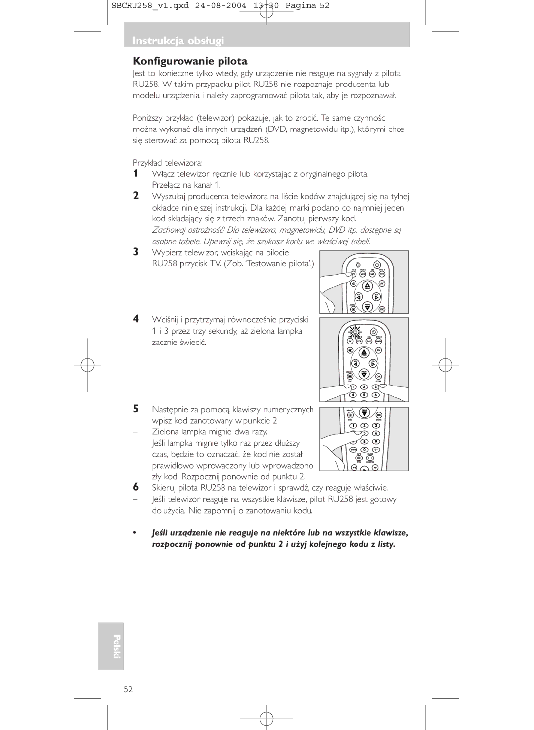 Philips SBCRU258 manual Instrukcja obsługi, Konfigurowanie pilota 