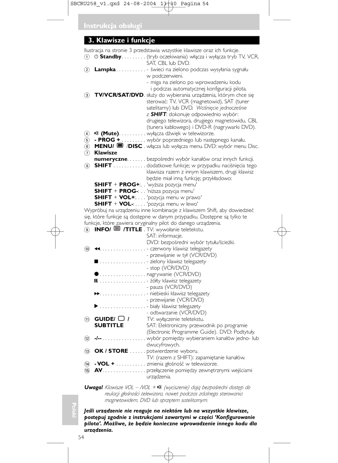 Philips SBCRU258 manual Instrukcja obsługi Klawisze i funkcje 