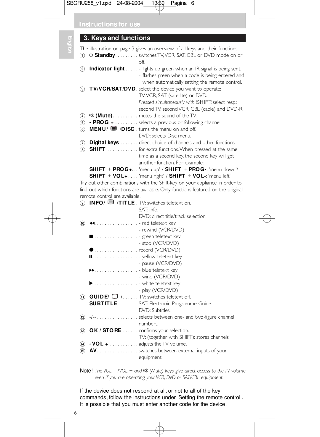 Philips SBCRU258 manual Instructions for use Keys and functions, Subtitle 