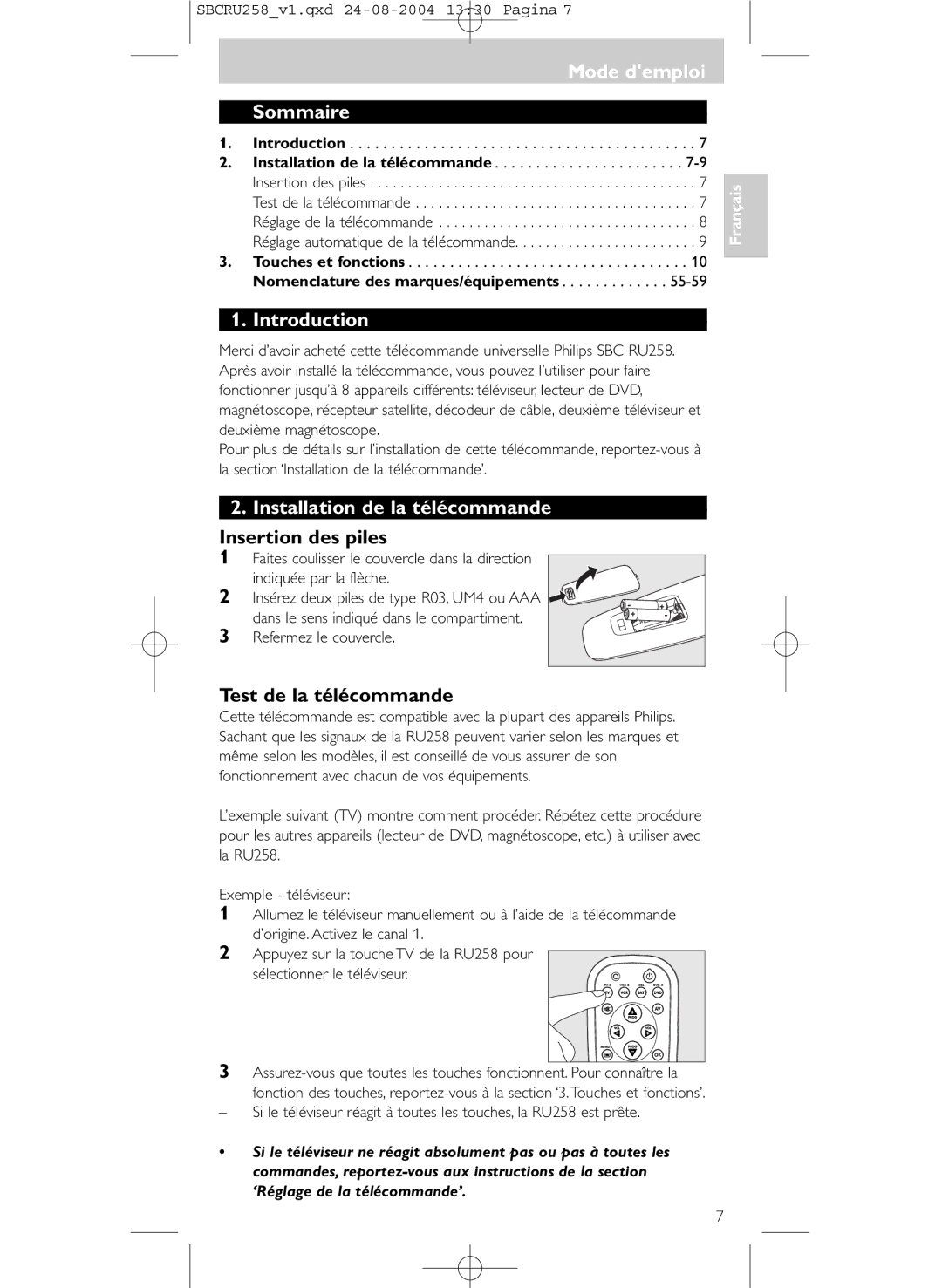 Philips SBCRU258 manual Sommaire, Installation de la télécommande, Insertion des piles, Test de la télécommande 