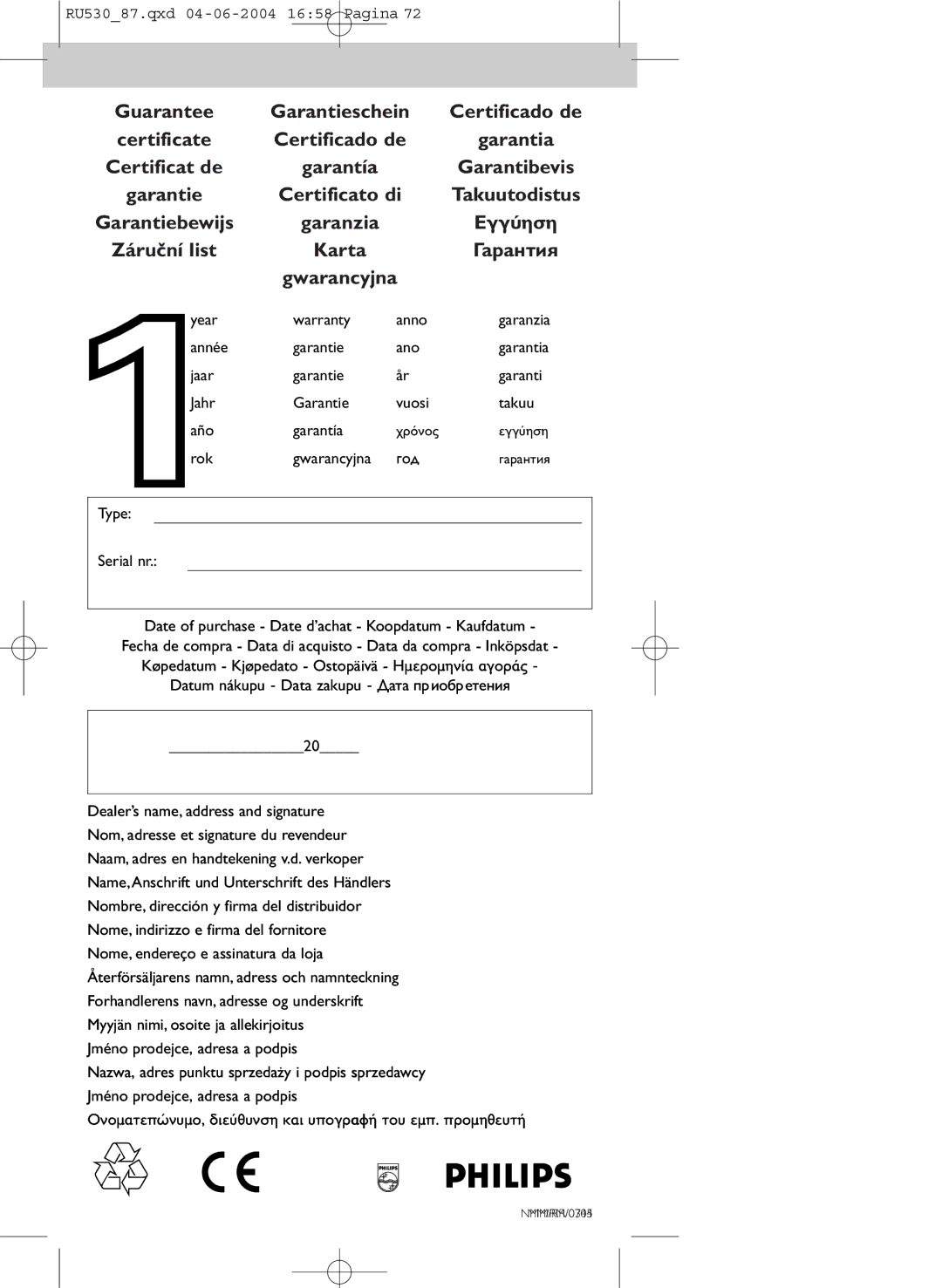 Philips SBCRU530, 87U manual Guarantee, Certificate Certificado de, Certificat de, Certificato di Takuutodistus 