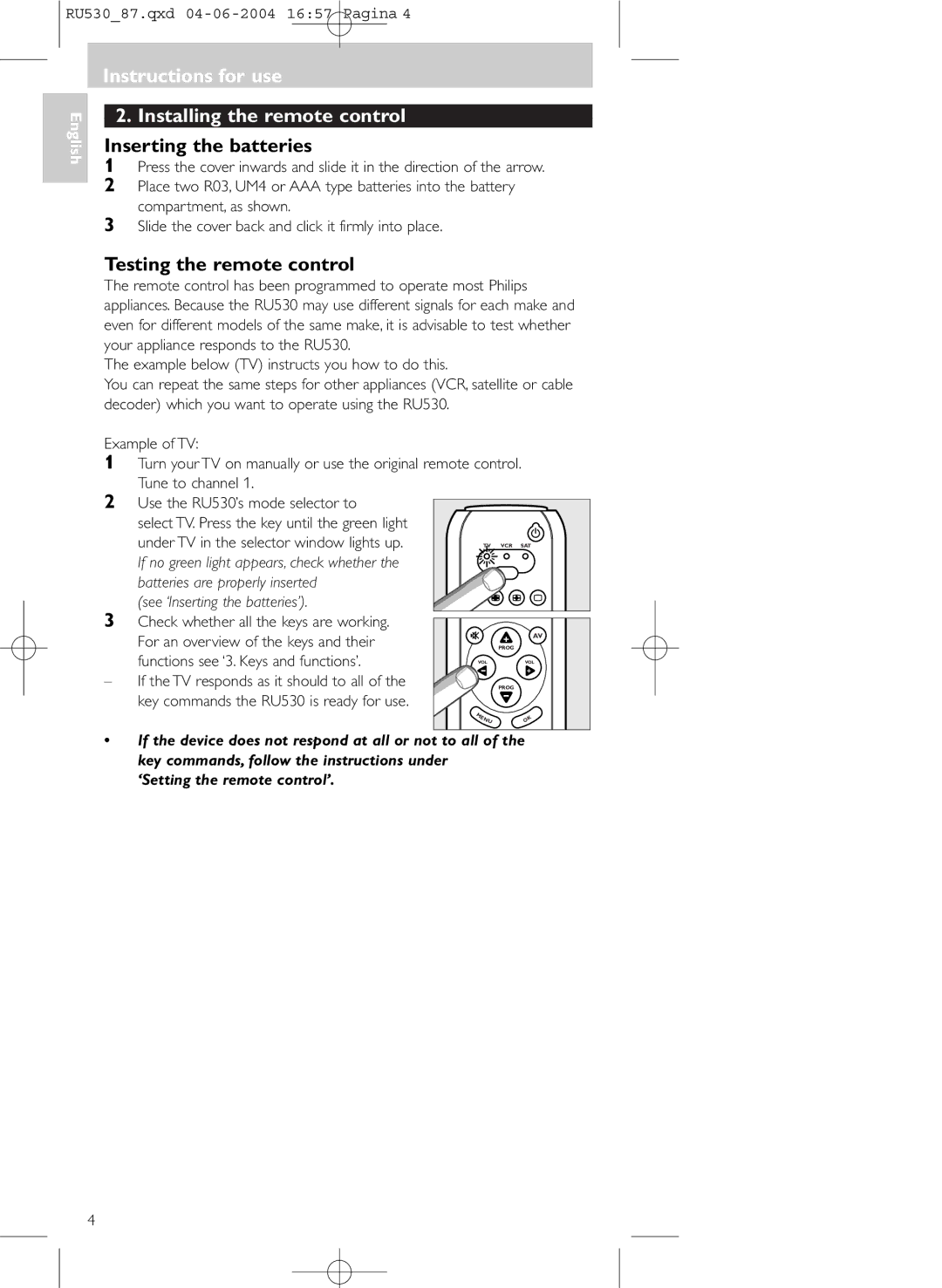 Philips SBCRU530 Instructions for use Installing the remote control, Inserting the batteries, Testing the remote control 