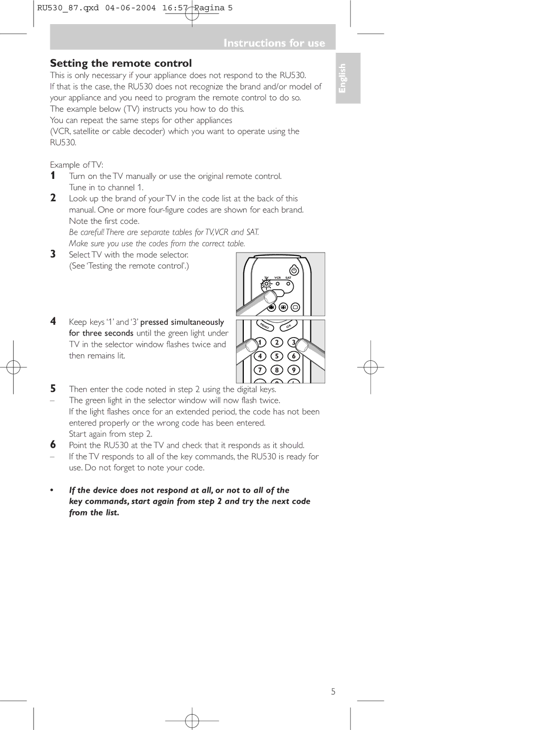 Philips 87U, SBCRU530 manual Setting the remote control 