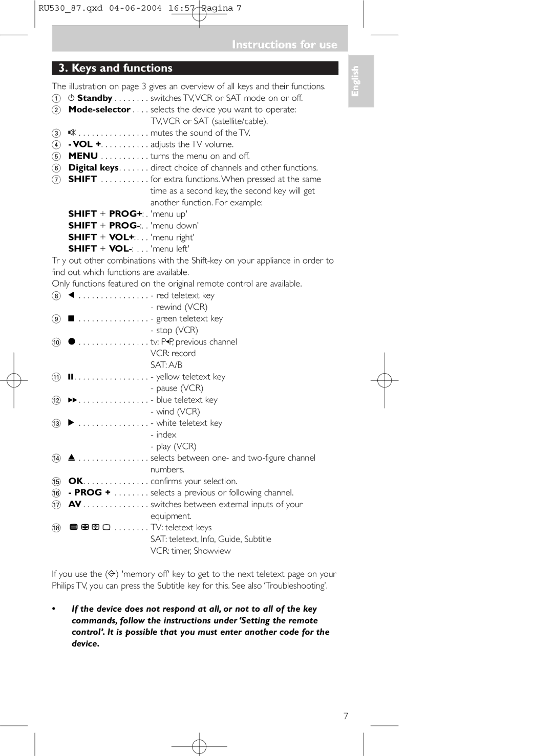 Philips 87U, SBCRU530 manual Instructions for use Keys and functions, Menu . . . . . . . . . . . turns the menu on and off 