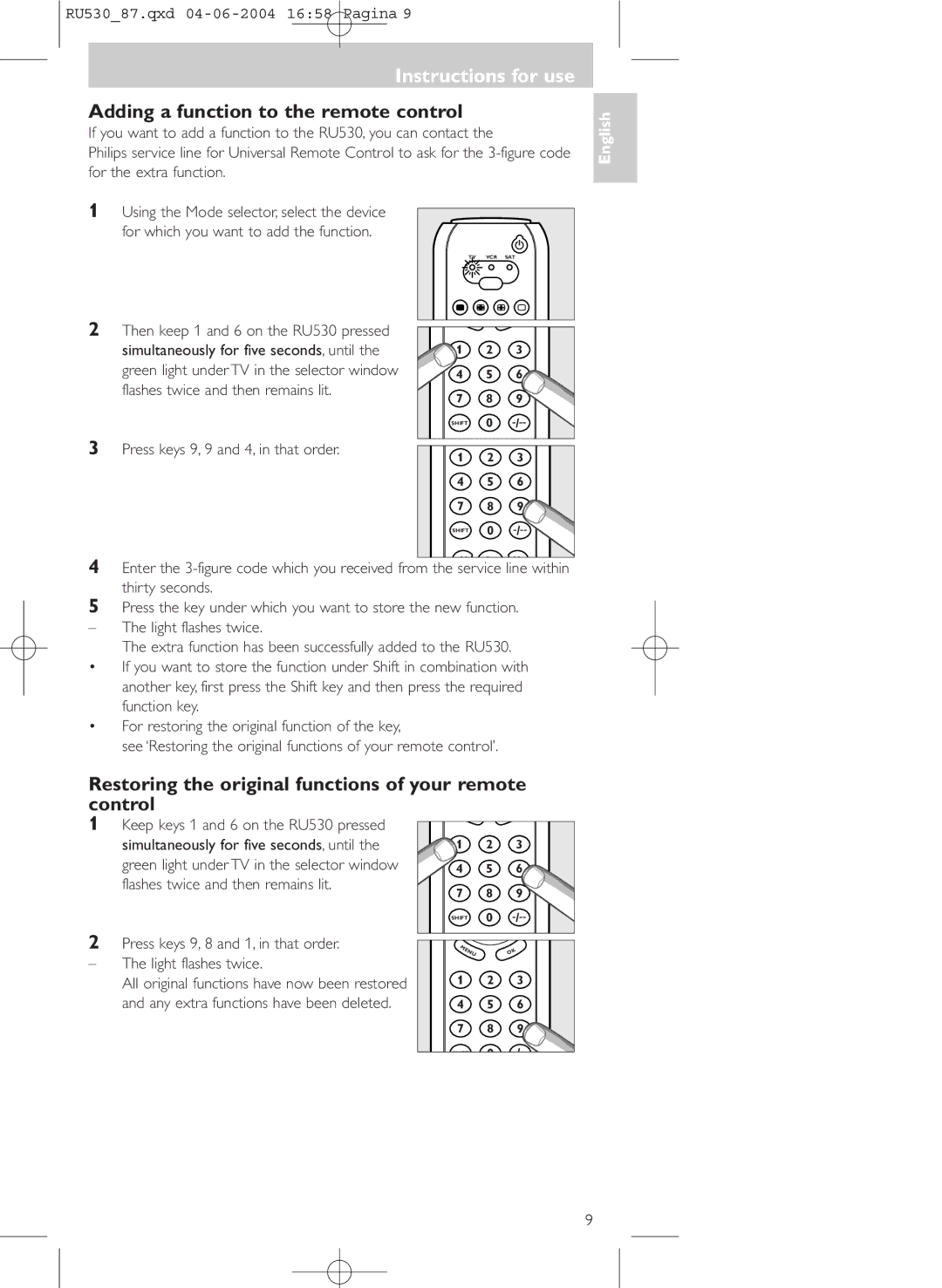 Philips 87U, SBCRU530 Adding a function to the remote control, Restoring the original functions of your remote control 