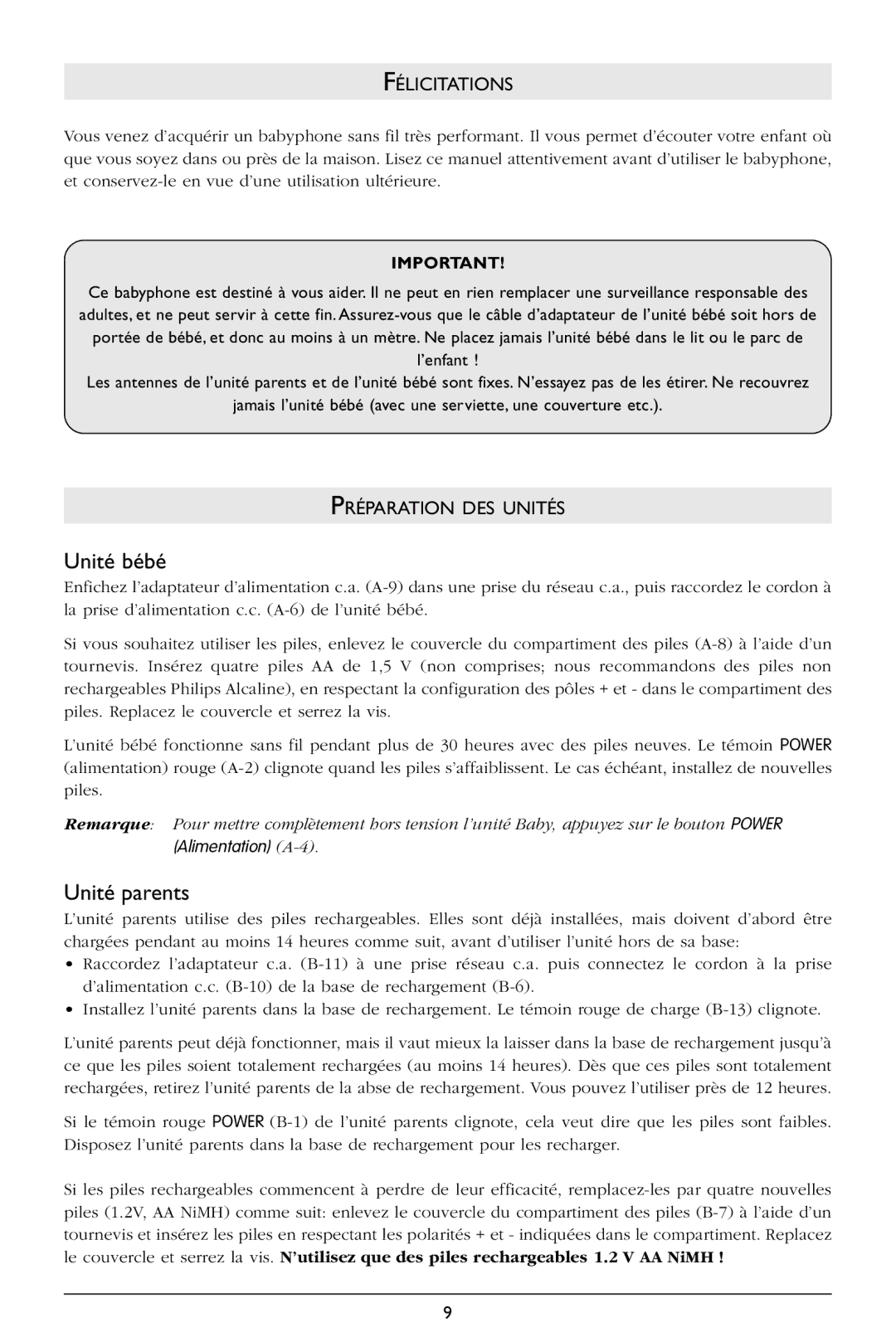 Philips SBCSC365 warranty Unité bébé, Unité parents, Félicitations, Préparation DES Unités 