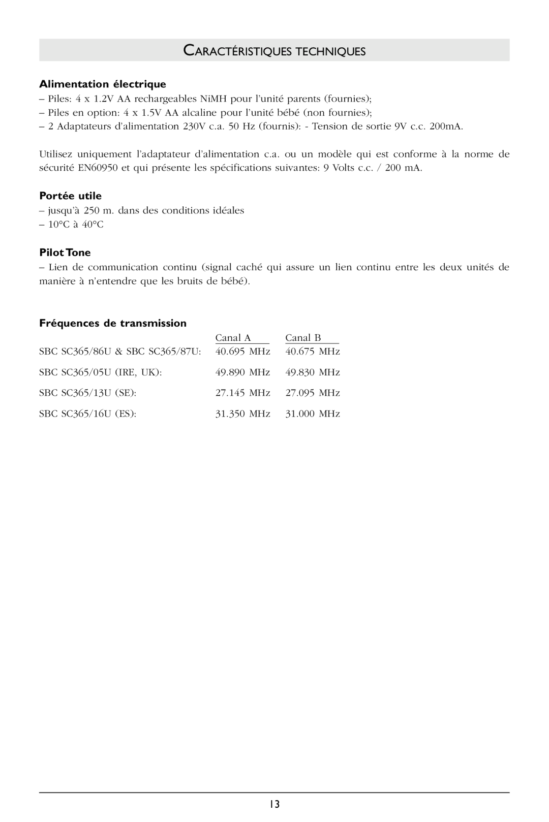 Philips SBCSC365 warranty Caractéristiques Techniques, Alimentation électrique, Portée utile, Fréquences de transmission 