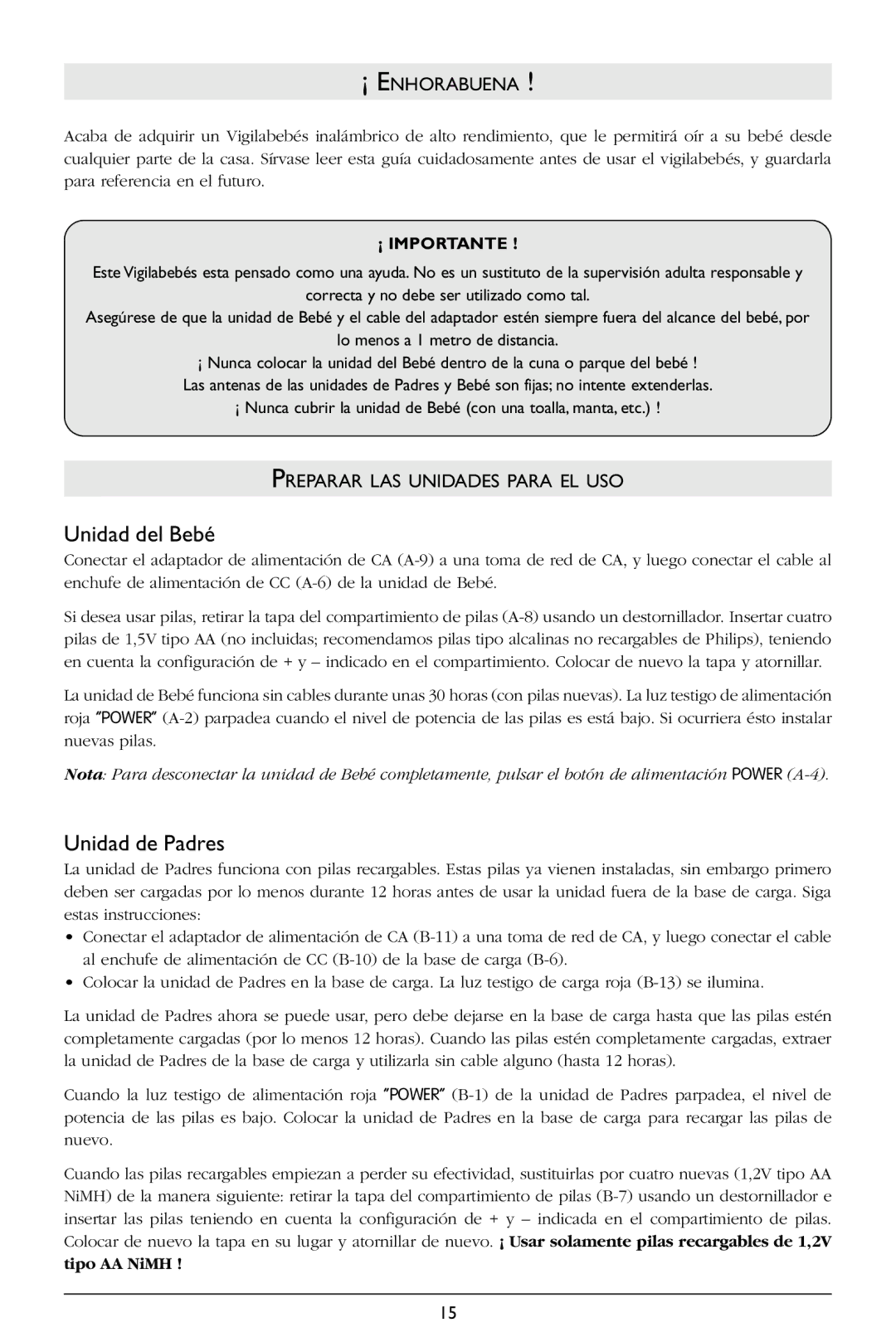 Philips SBCSC365 warranty Unidad del Bebé, Unidad de Padres, ¡ Enhorabuena, Preparar LAS Unidades Para EL USO, ¡ Importante 