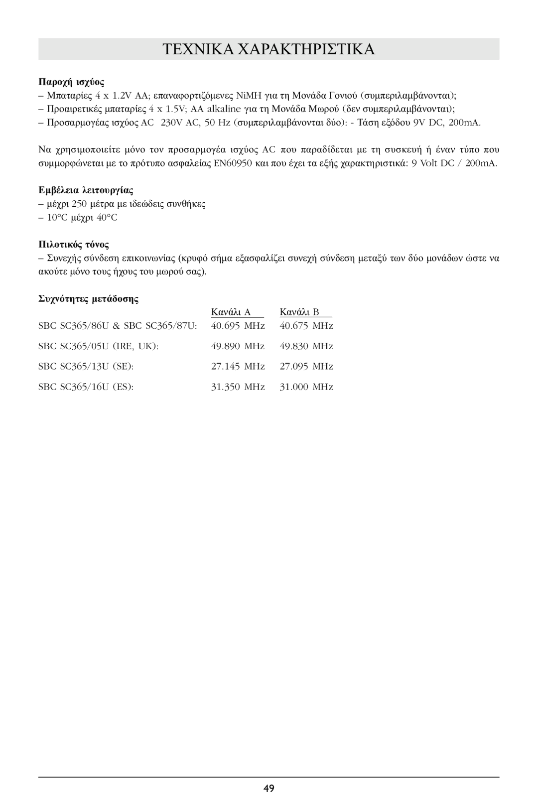 Philips SBCSC365 warranty Τεχνικα Χαρακτηριστικα 