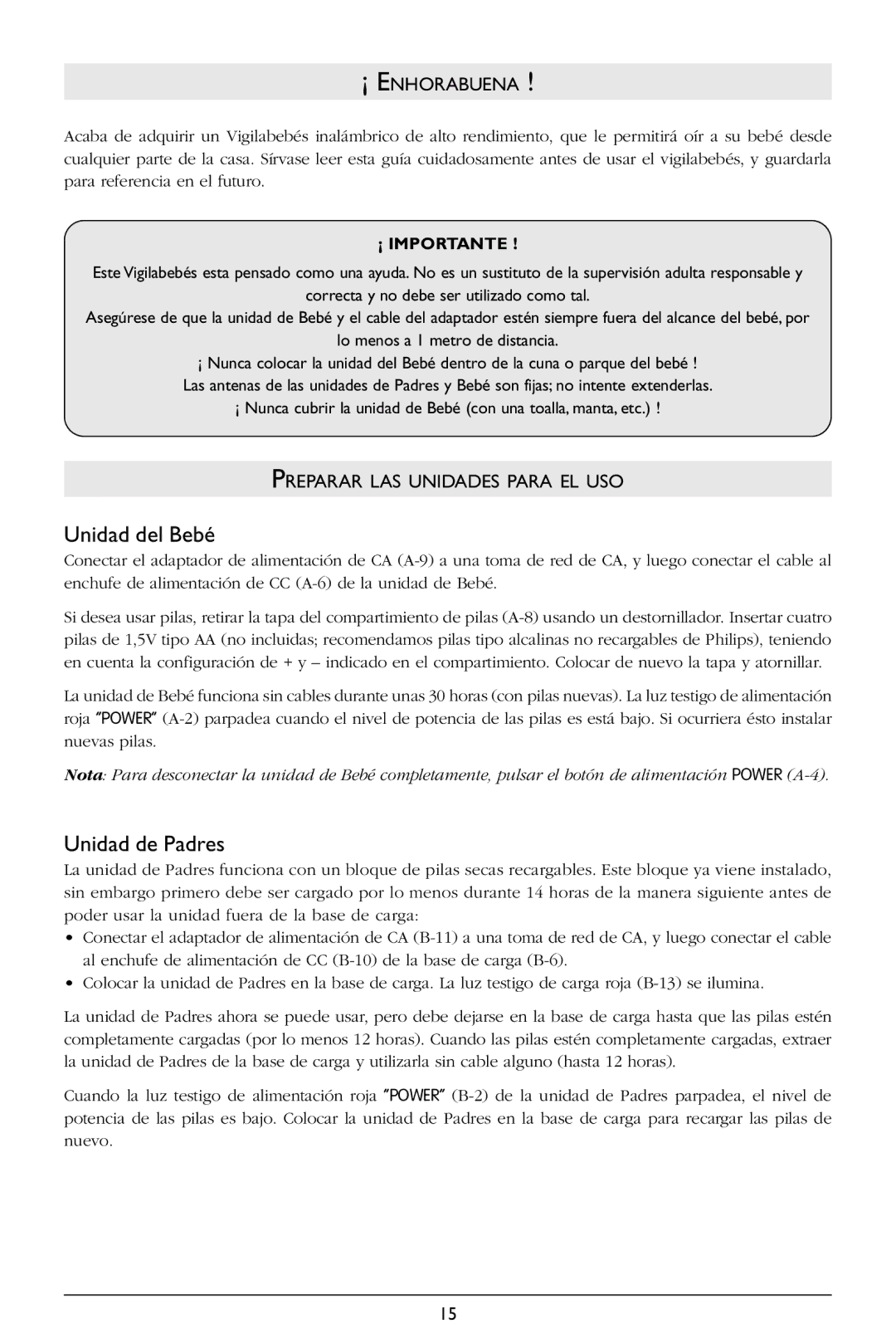 Philips SBCSC368 warranty Unidad del Bebé, Unidad de Padres, ¡ Enhorabuena, Preparar LAS Unidades Para EL USO, ¡ Importante 