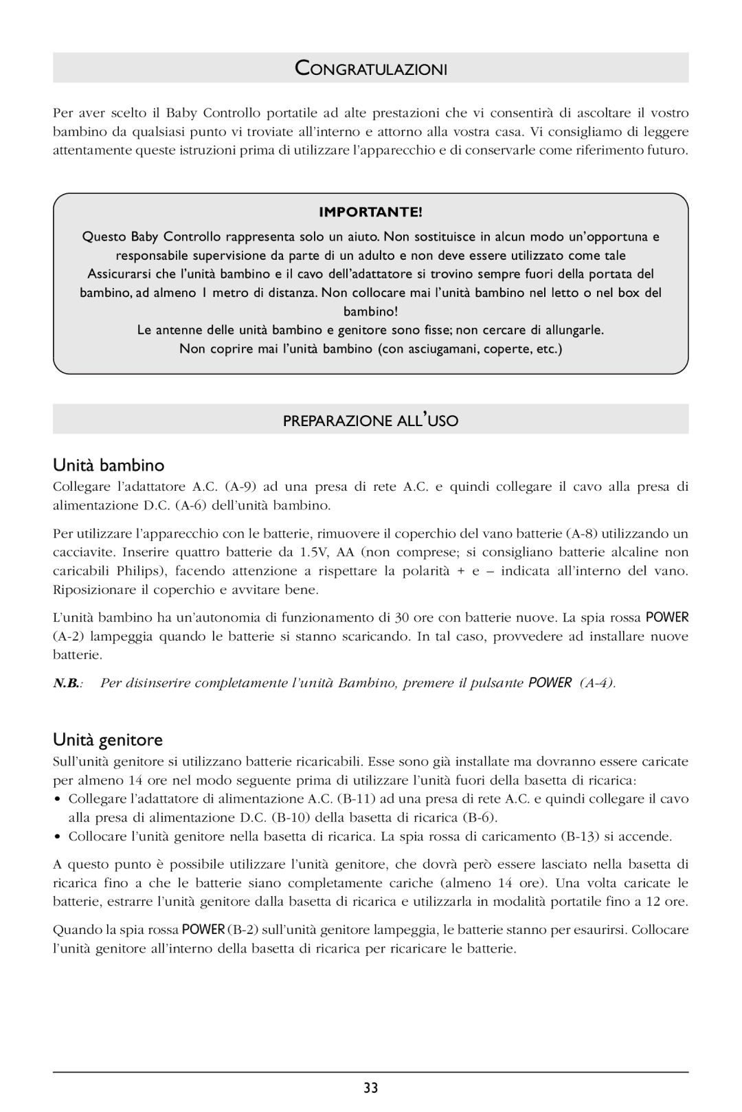 Philips SBCSC368 warranty Unità bambino, Unità genitore, Congratulazioni, Preparazione ALL’USO, Importante 