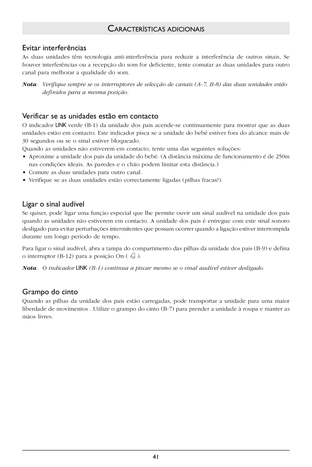 Philips SBCSC368 Evitar interferências, Verificar se as unidades estão em contacto, Ligar o sinal audível, Grampo do cinto 