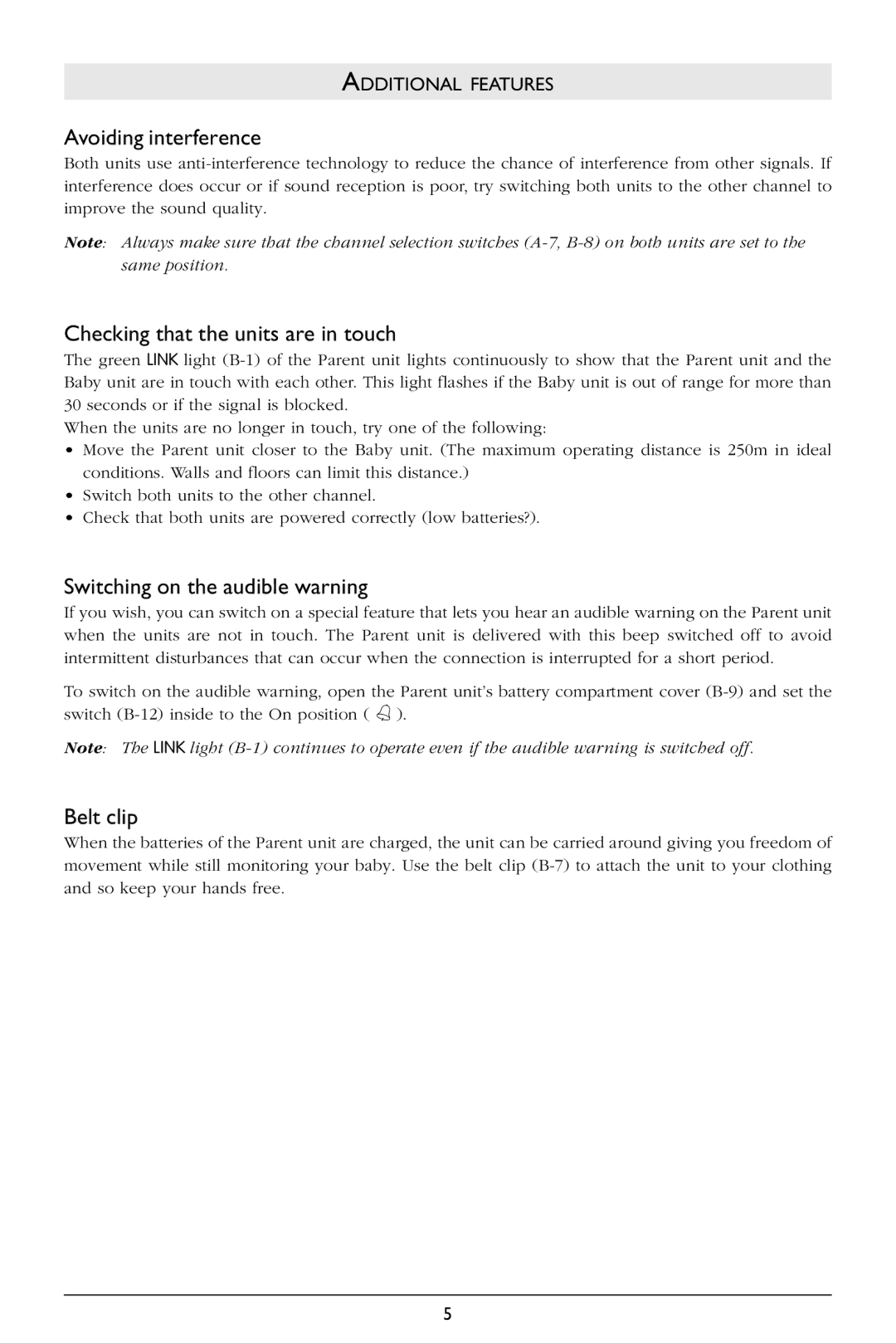 Philips SBCSC368 Avoiding interference, Checking that the units are in touch, Switching on the audible warning, Belt clip 