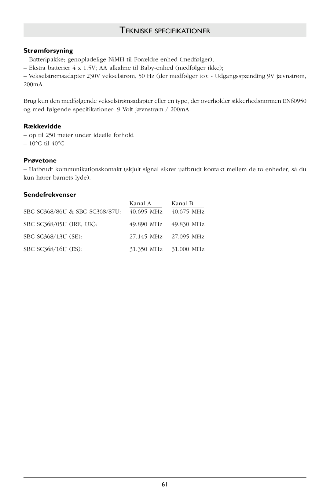 Philips SBCSC368 warranty Tekniske Specifikationer, Strømforsyning, Rækkevidde, Prøvetone, Sendefrekvenser 