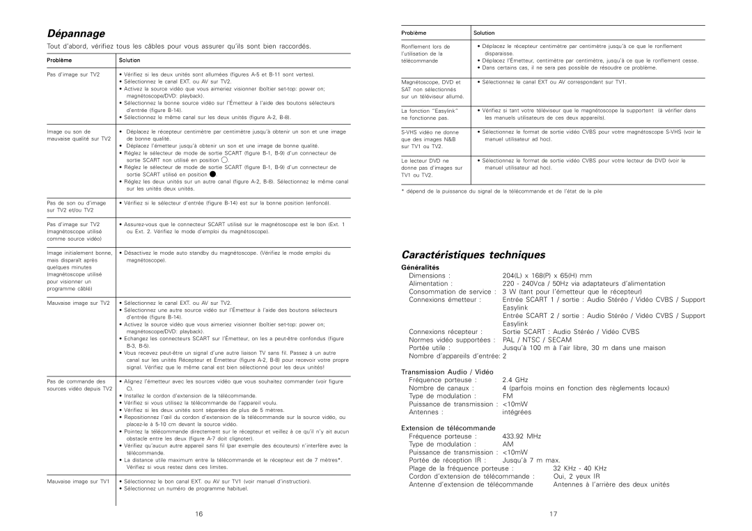 Philips SBCVL1200 manual Dépannage, Caractéristiques techniques, Généralités, Problème Solution 