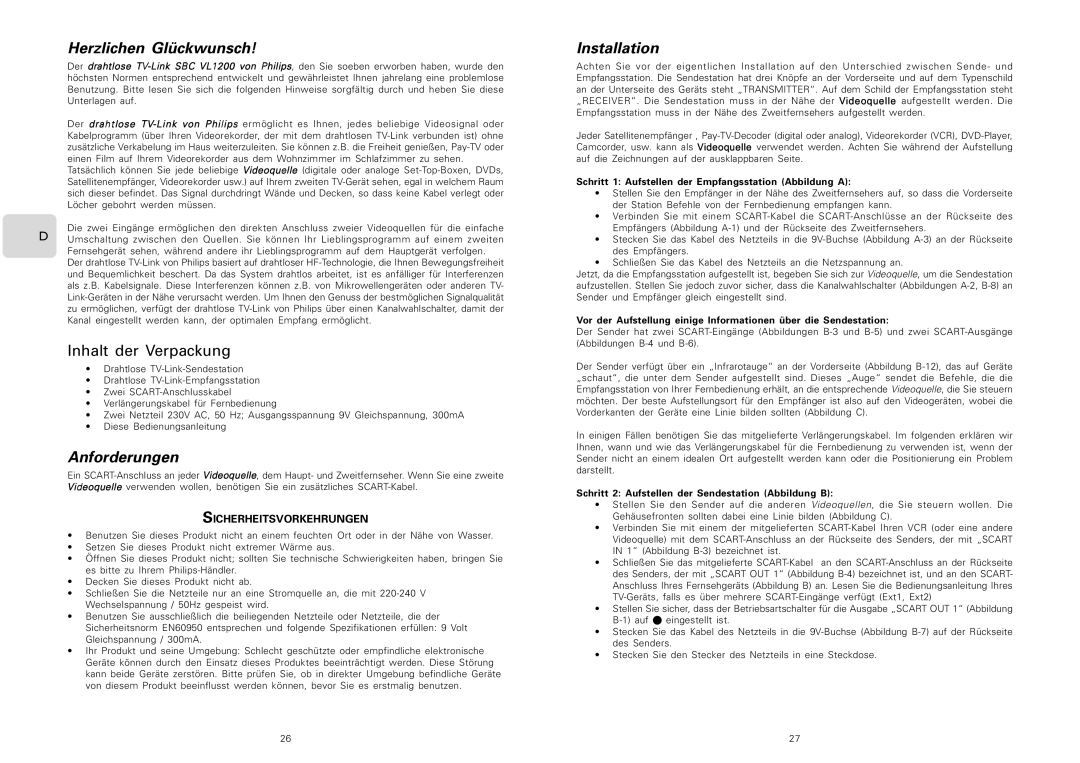 Philips SBCVL1200 manual Herzlichen Glückwunsch, Anforderungen, Sicherheitsvorkehrungen 