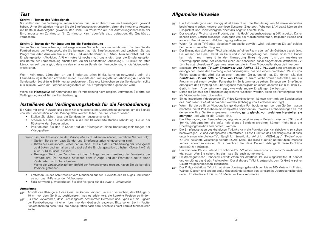 Philips SBCVL1200 manual Test, Installieren des Verlängerungskabels für die Fernbedienung, Allgemeine Hinweise 