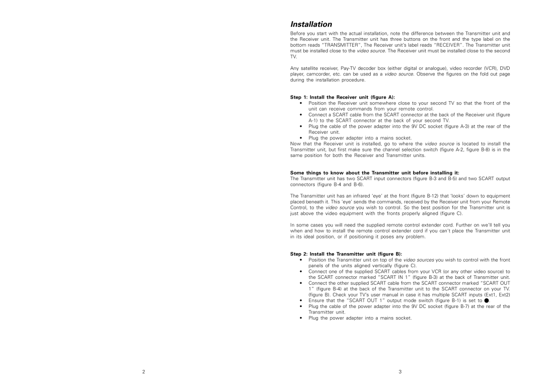 Philips SBCVL1200 manual Installation, Install the Receiver unit figure a, Install the Transmitter unit figure B 