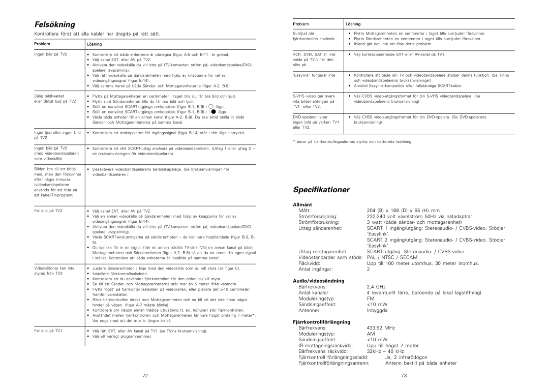 Philips SBCVL1200 manual Felsökning, Specifikationer, Allmänt, Audio/videosändning, Fjärrkontrollförlängning 