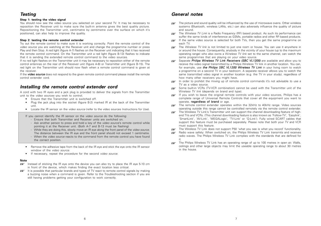 Philips SBCVL1200 manual Installing the remote control extender cord, General notes, Testing the video signal 