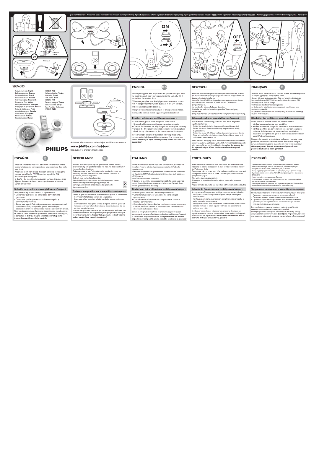 Philips SBD6000 quick start English Deutsch Français, Español, Nederlands NL, Italianoi, Português P, Pycckийru 