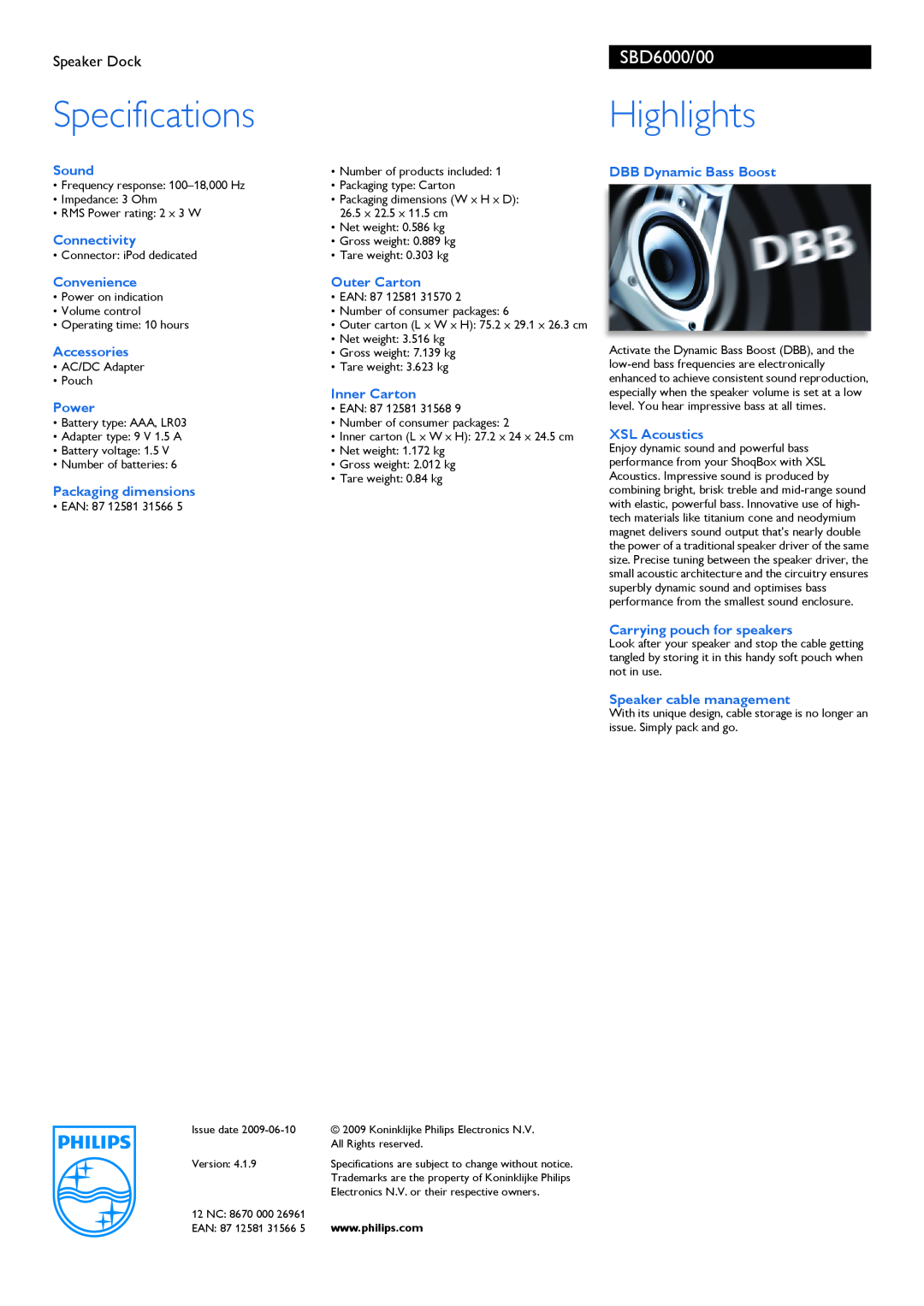 Philips manual SBD6000/00, Speaker Dock, SpecificationsHighlights 