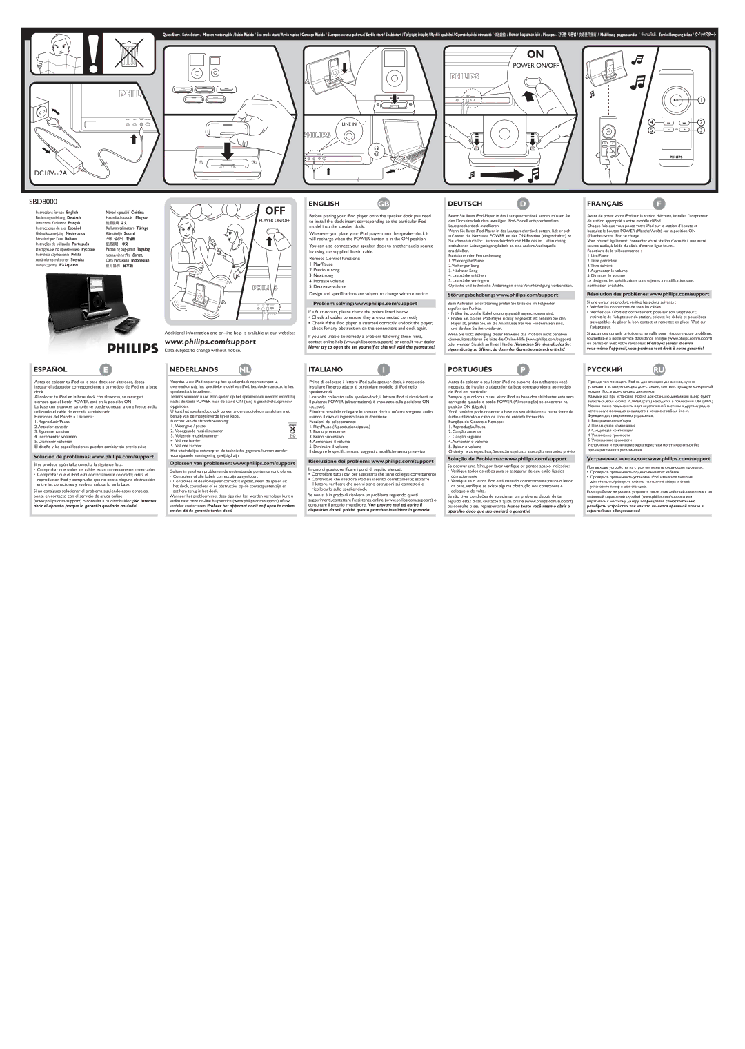 Philips SBD8000 quick start English Deutsch Français, Español Nederlands Italiano Português Pycckий 