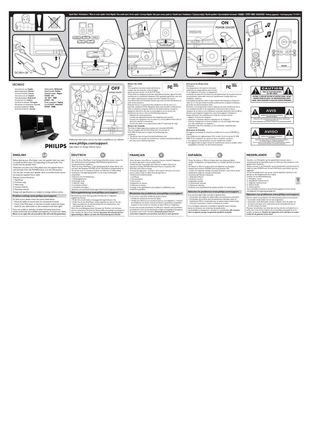 Philips SBD8000 quick start Englishgb, Deutsch D, Français F, Español, Nederlands NL 