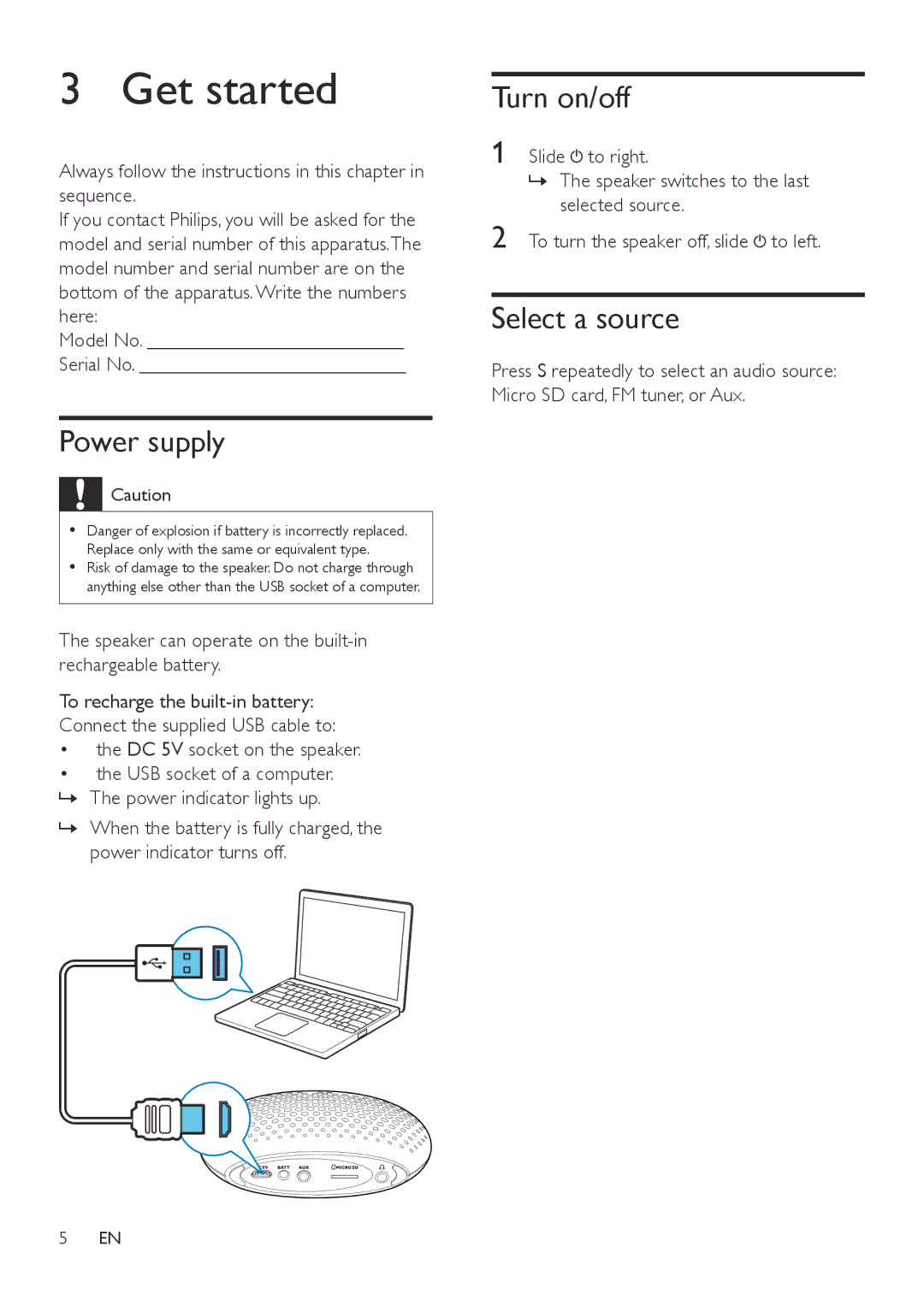 Philips SBM100 user manual Get started, Power supply, Turn on/off, Select a source 