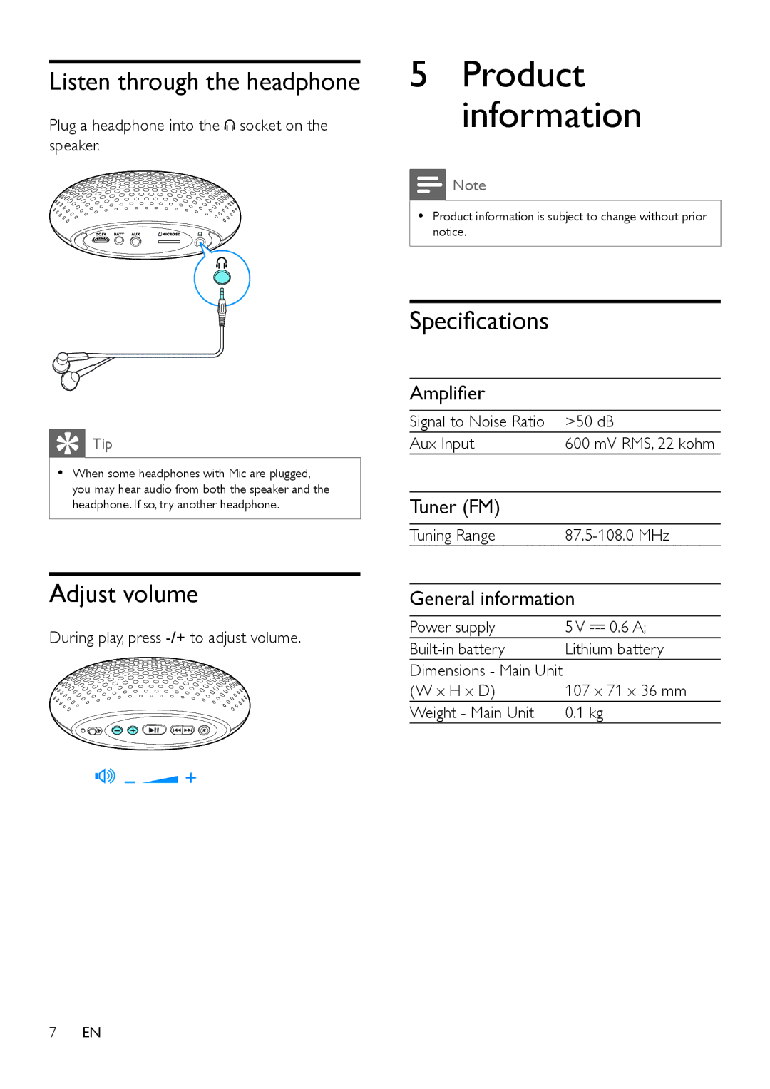 Philips SBM100 user manual Product information, Listen through the headphone, Adjust volume, Specifications 