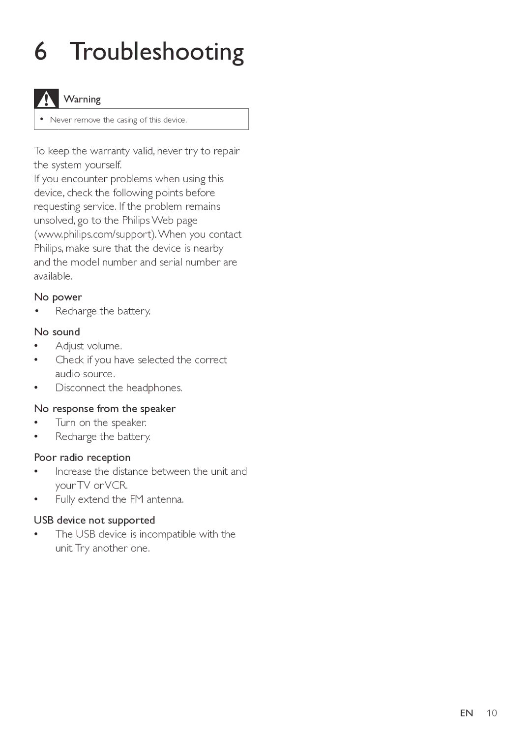 Philips SBM130 user manual Troubleshooting 