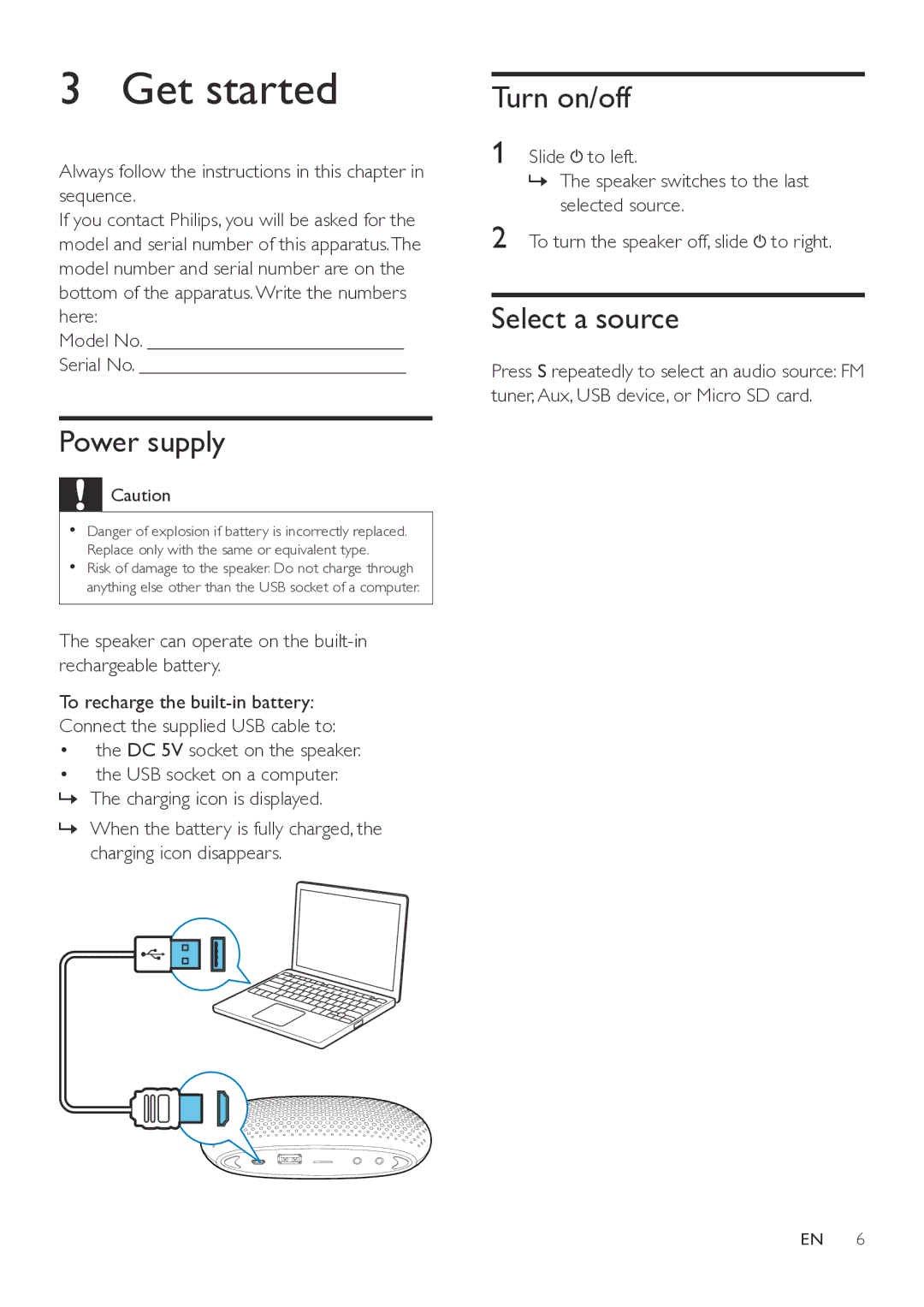 Philips SBM130 user manual Get started, Power supply, Turn on/off, Select a source 