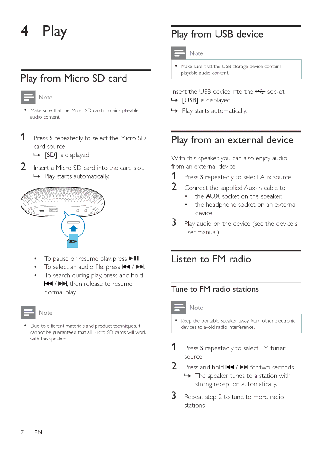 Philips SBM130 Play from Micro SD card, Play from USB device, Play from an external device, Listen to FM radio 