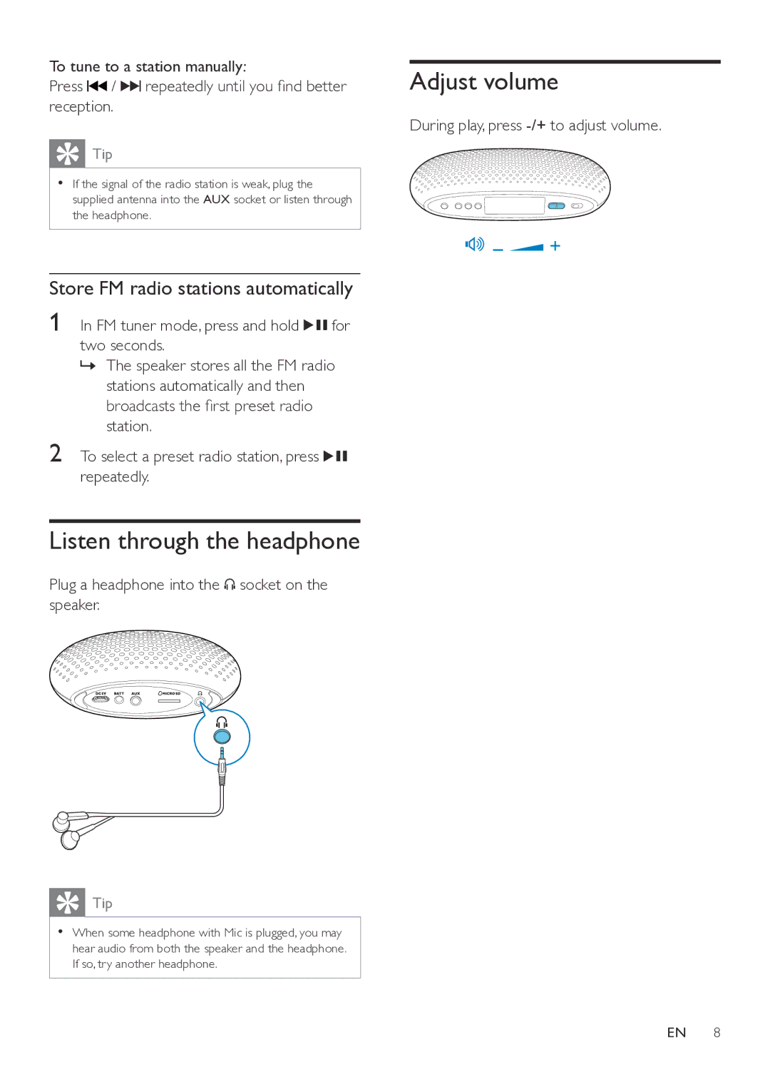 Philips SBM130 user manual Listen through the headphone, Adjust volume, Store FM radio stations automatically 