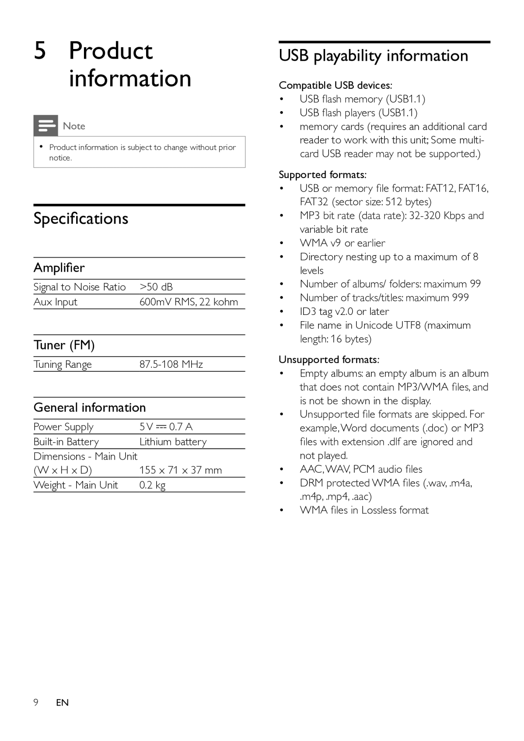 Philips SBM130 user manual Specifications, USB playability information, Amplifier, Tuner FM, General information 