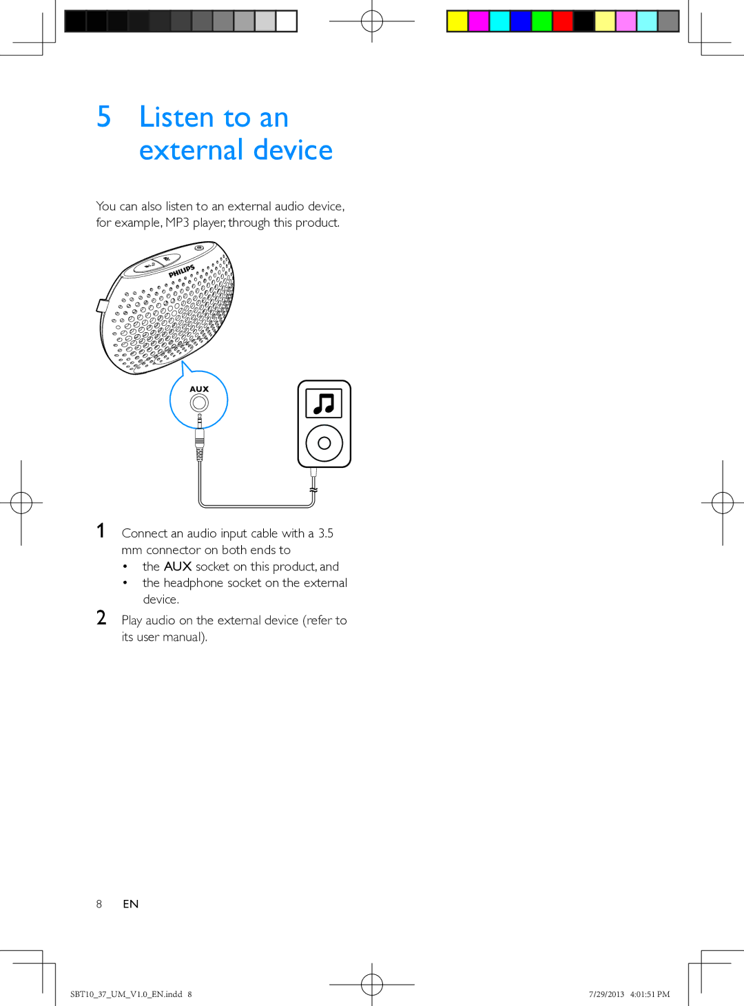 Philips SBT10 user manual Listen to an external device 