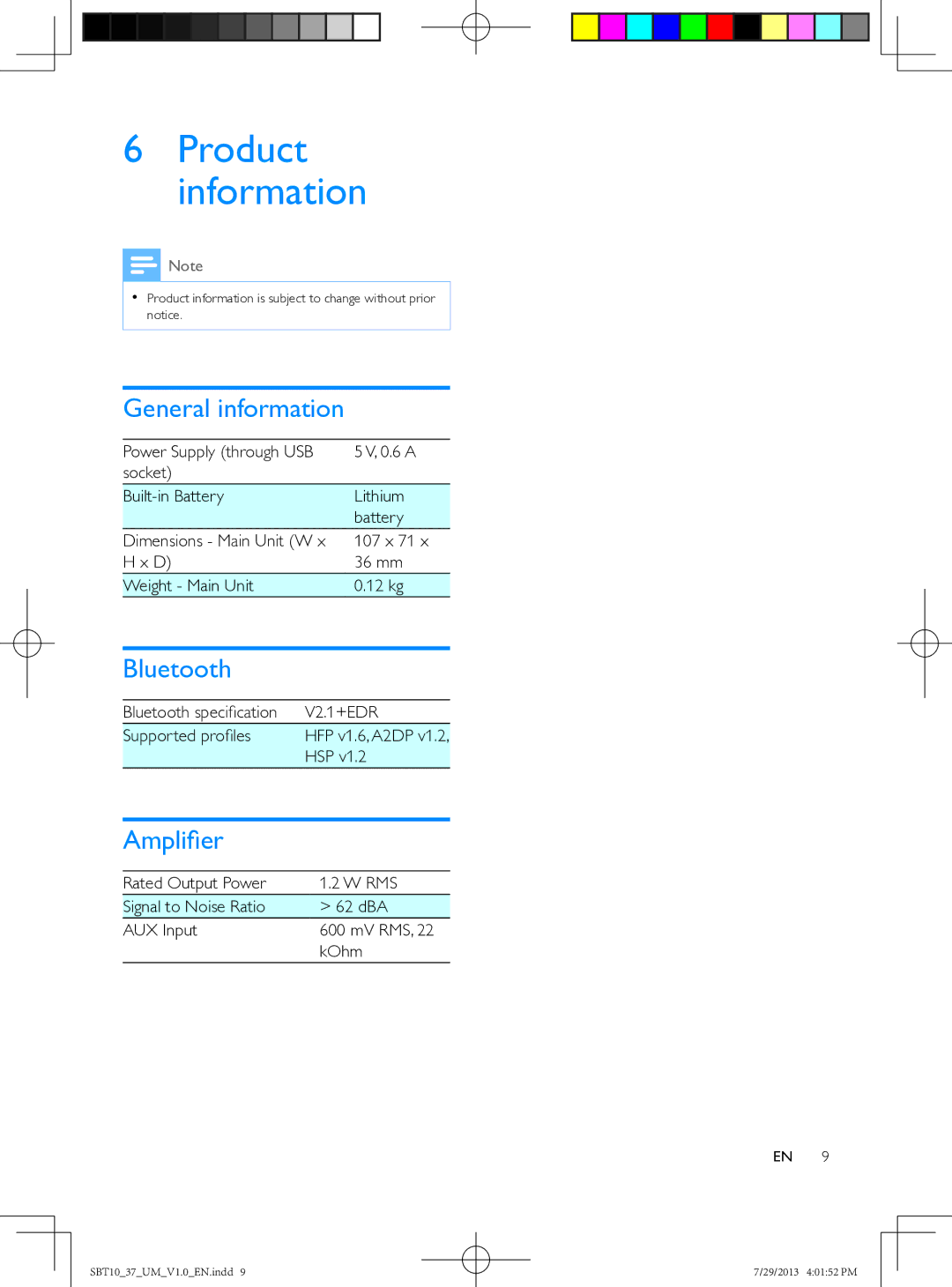 Philips SBT10 user manual Product information, General information, Bluetooth, Amplifier 