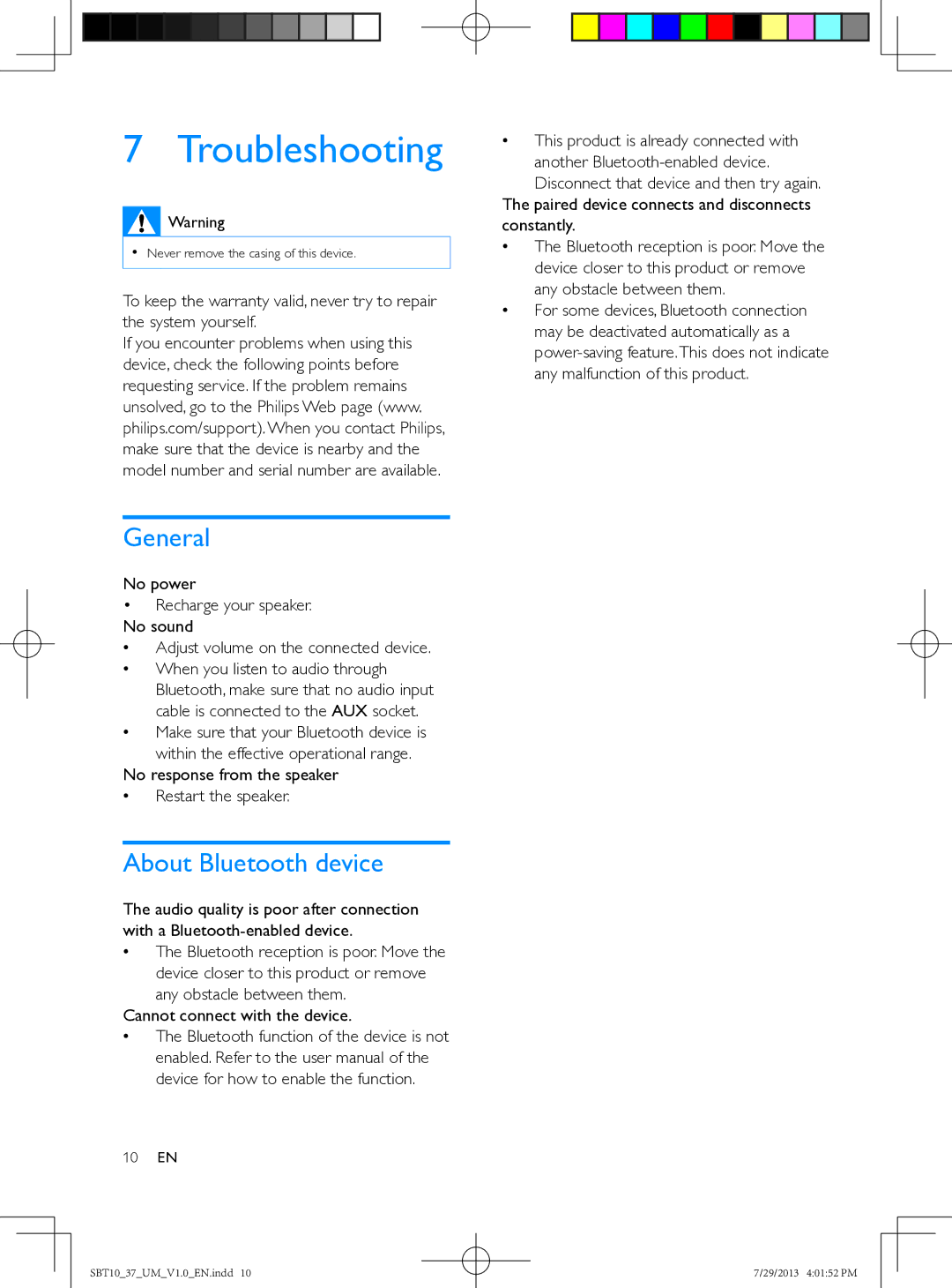 Philips SBT10 user manual Troubleshooting, General, About Bluetooth device 