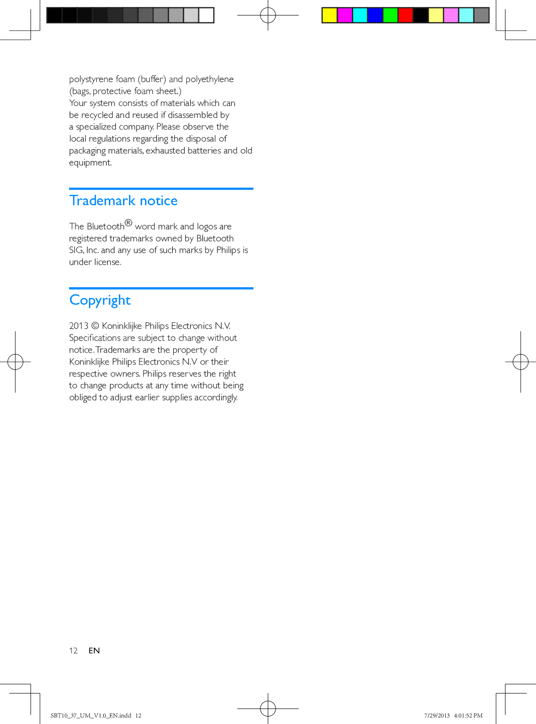 Philips SBT10 user manual Trademark notice, Copyright 