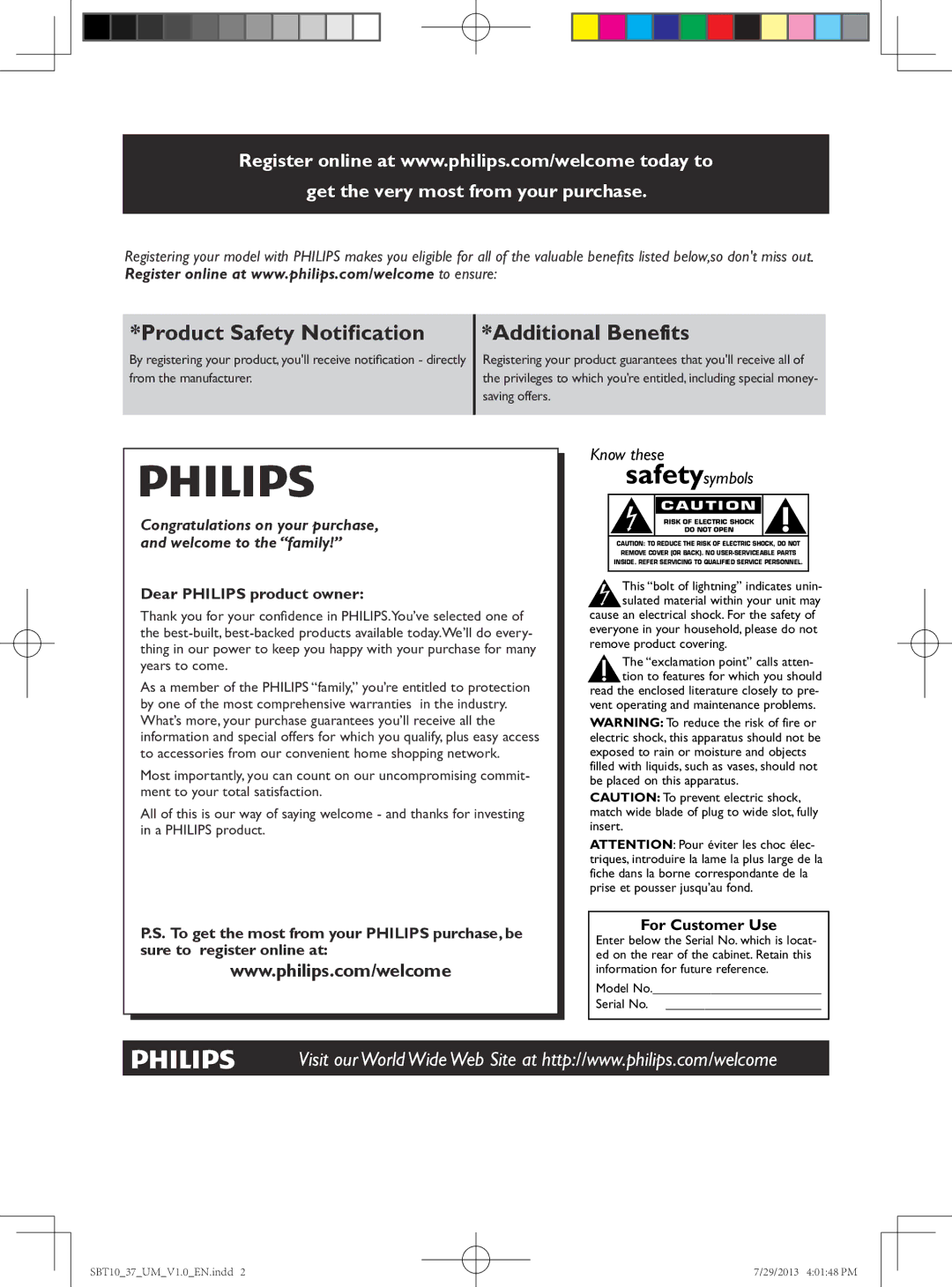 Philips SBT10 user manual Product Safety Notification 