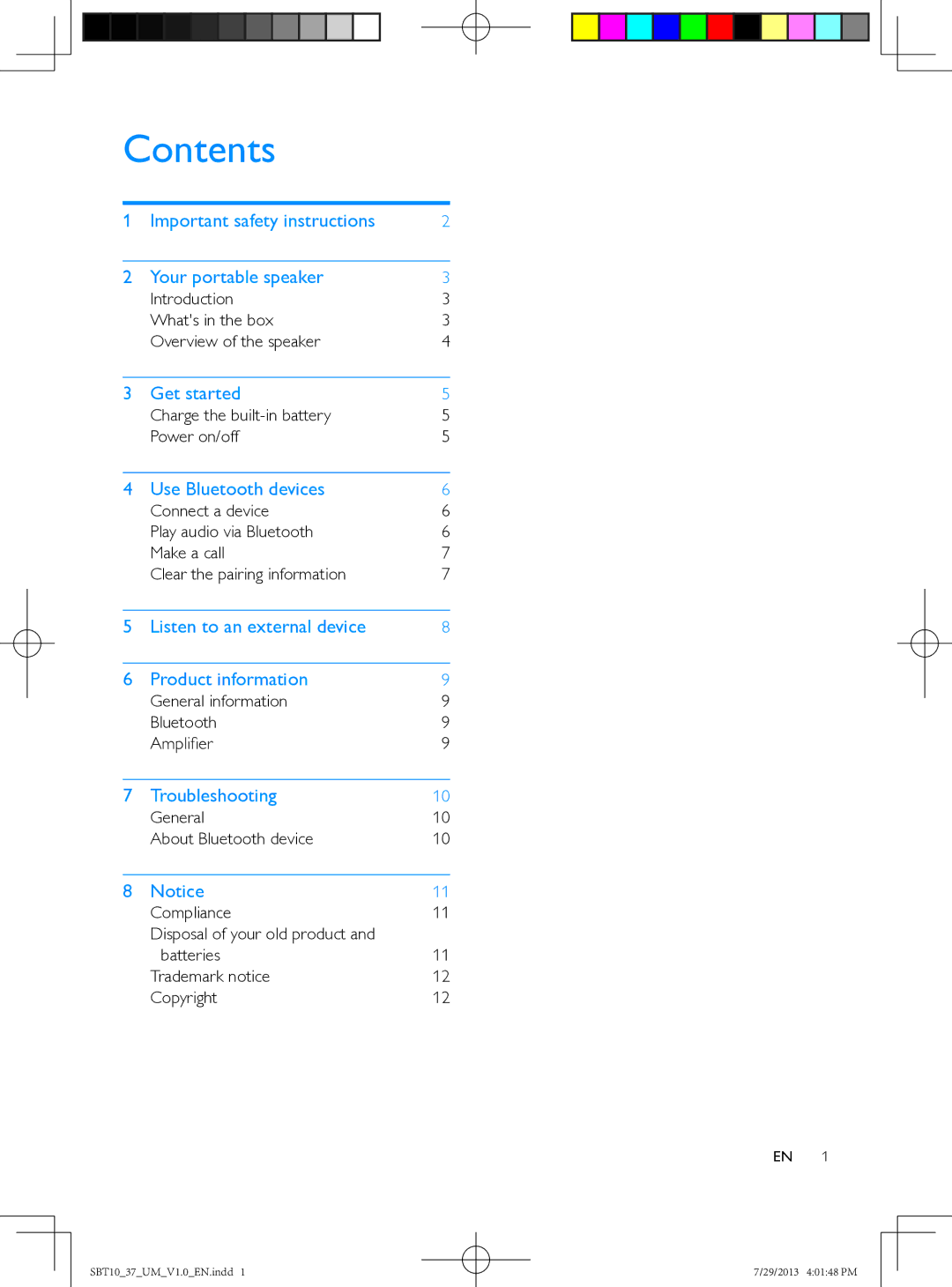 Philips SBT10 user manual Contents 