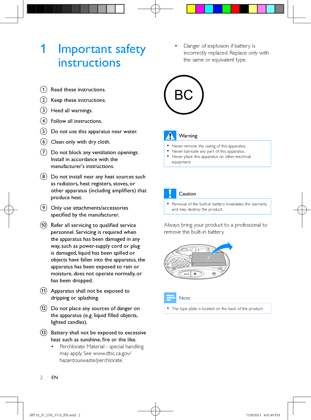 Philips SBT10 user manual Important safety instructions 