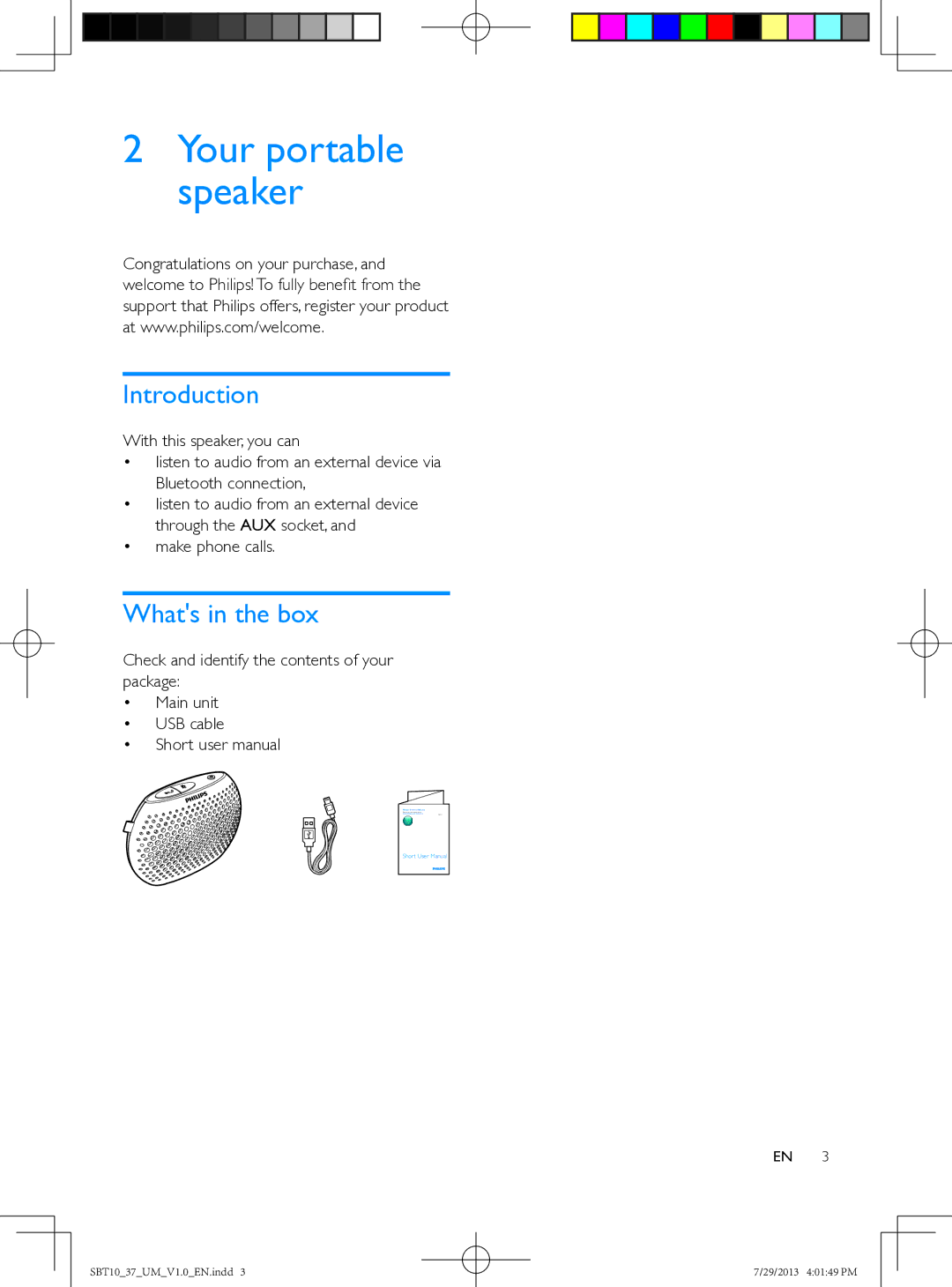 Philips SBT10 user manual Your portable speaker, Introduction, Whats in the box 