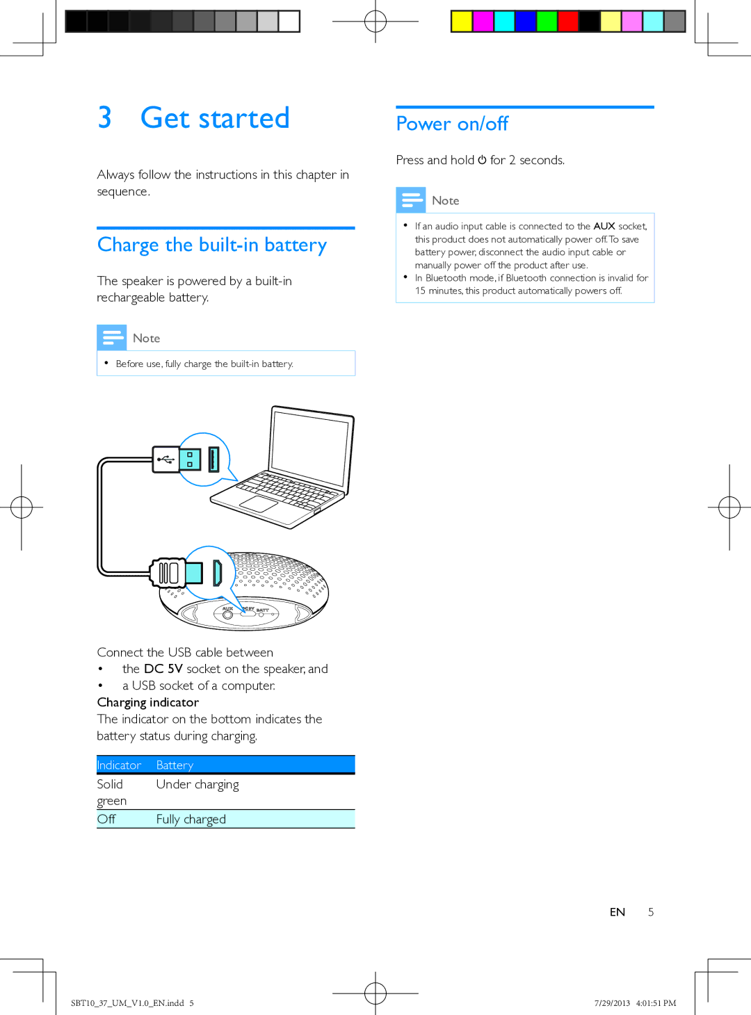 Philips SBT10 user manual Get started, Charge the built-in battery, Power on/off 