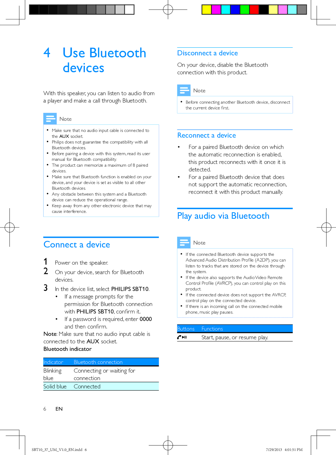 Philips SBT10 user manual Use Bluetooth devices, Connect a device, Play audio via Bluetooth 