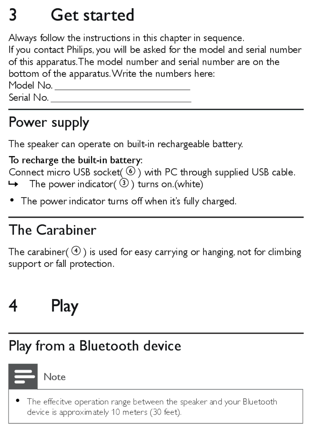 Philips SBT30 user manual Get started, Power supply, Carabiner, Play from a Bluetooth device 