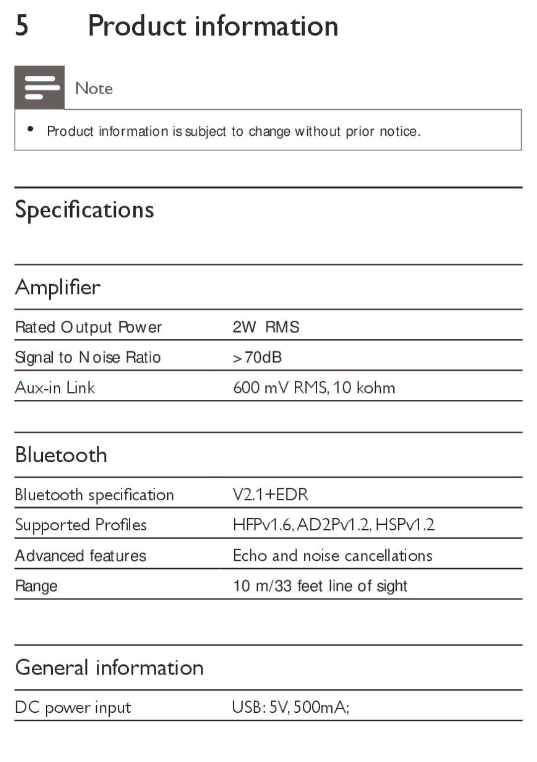 Philips SBT30 user manual Product information, Specifications 